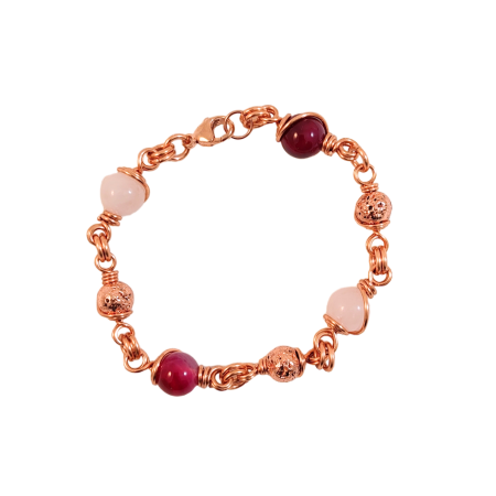 Bracelet de cuivre avec pierres semi-précieuses sardonyx fushia et quartz rose